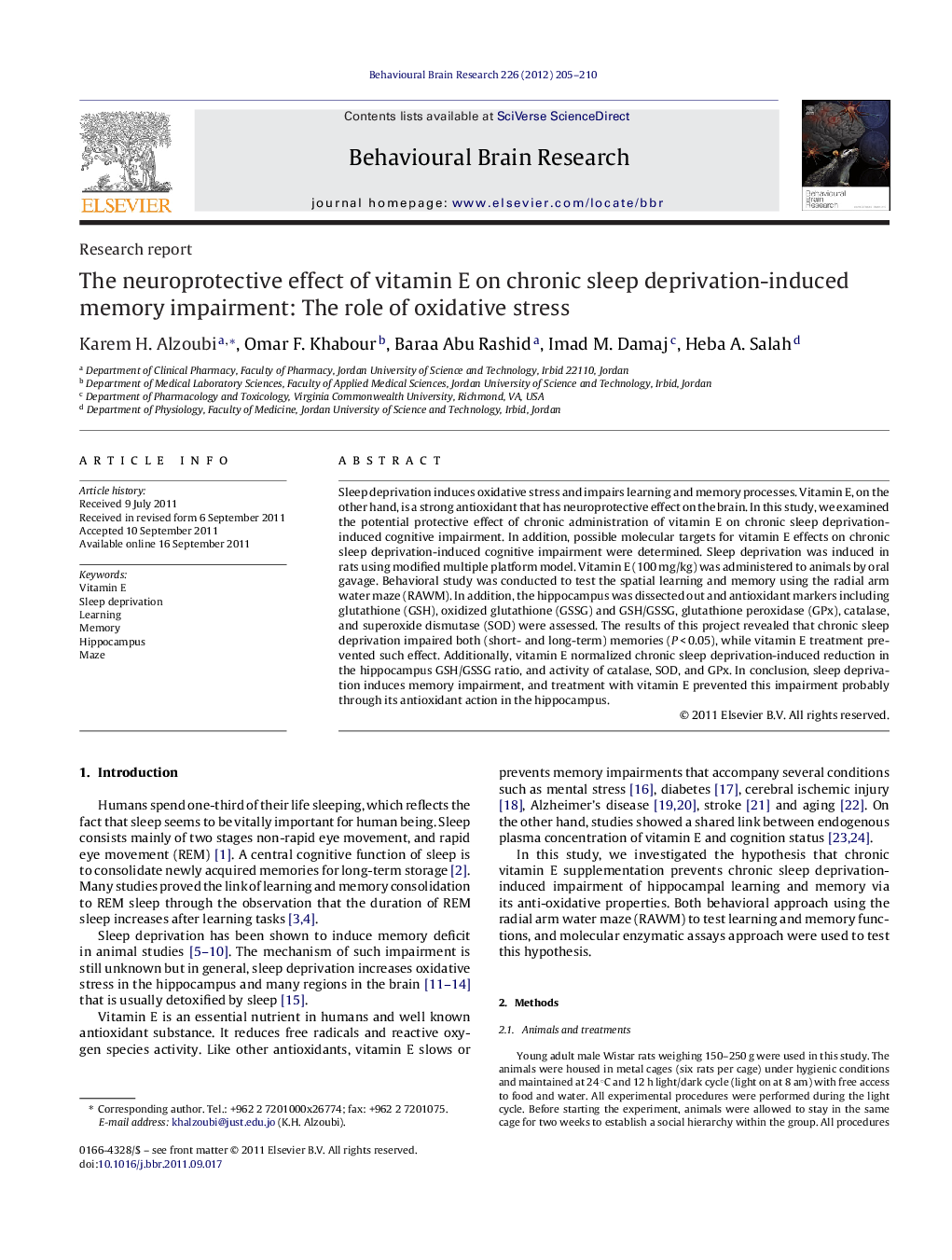 The neuroprotective effect of vitamin E on chronic sleep deprivation-induced memory impairment: The role of oxidative stress