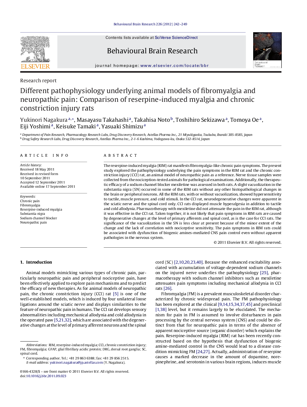 Different pathophysiology underlying animal models of fibromyalgia and neuropathic pain: Comparison of reserpine-induced myalgia and chronic constriction injury rats