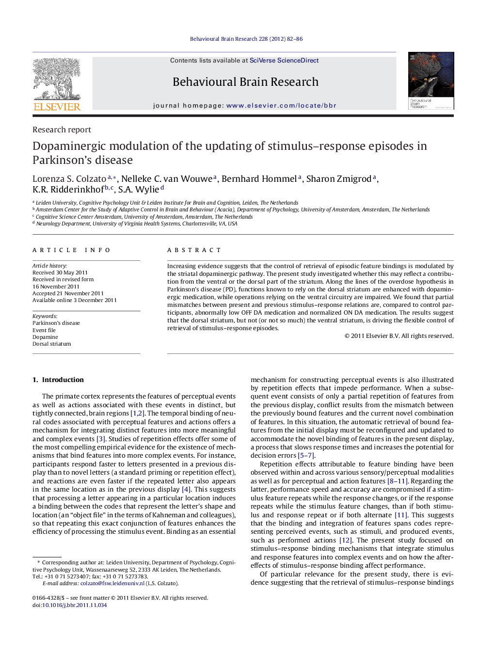 Dopaminergic modulation of the updating of stimulus–response episodes in Parkinson's disease