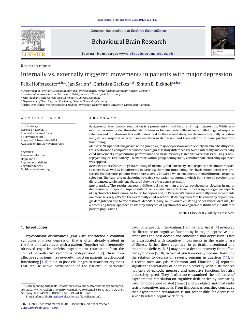 Internally vs. externally triggered movements in patients with major depression