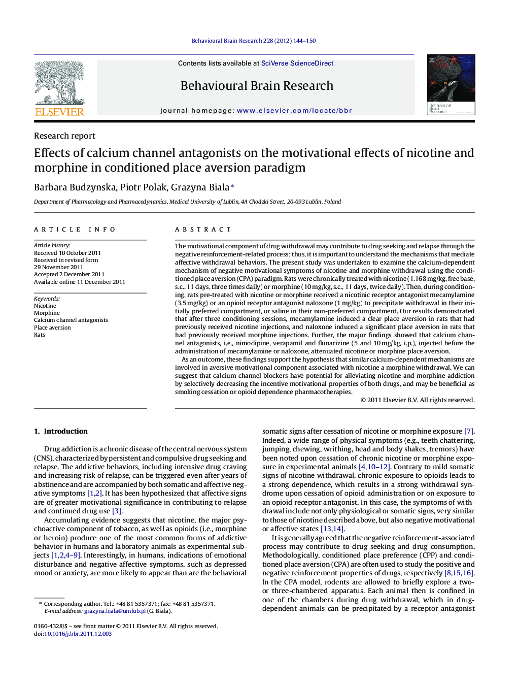 Effects of calcium channel antagonists on the motivational effects of nicotine and morphine in conditioned place aversion paradigm