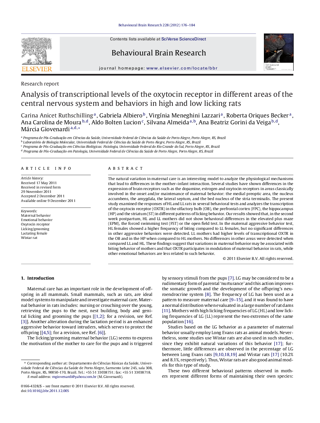 Analysis of transcriptional levels of the oxytocin receptor in different areas of the central nervous system and behaviors in high and low licking rats