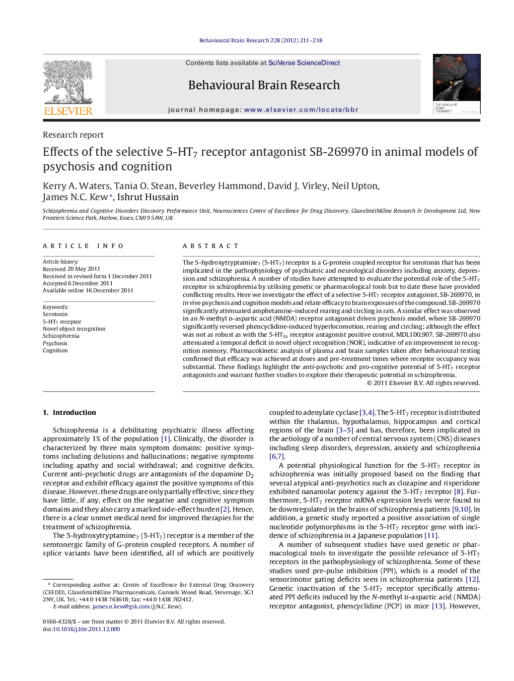 Effects of the selective 5-HT7 receptor antagonist SB-269970 in animal models of psychosis and cognition