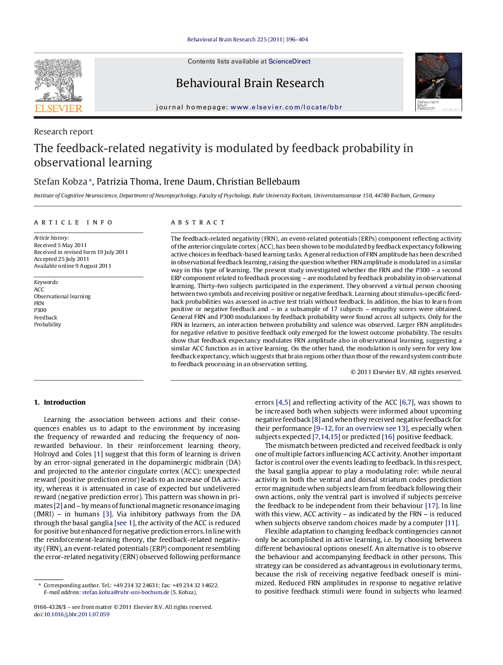 The feedback-related negativity is modulated by feedback probability in observational learning