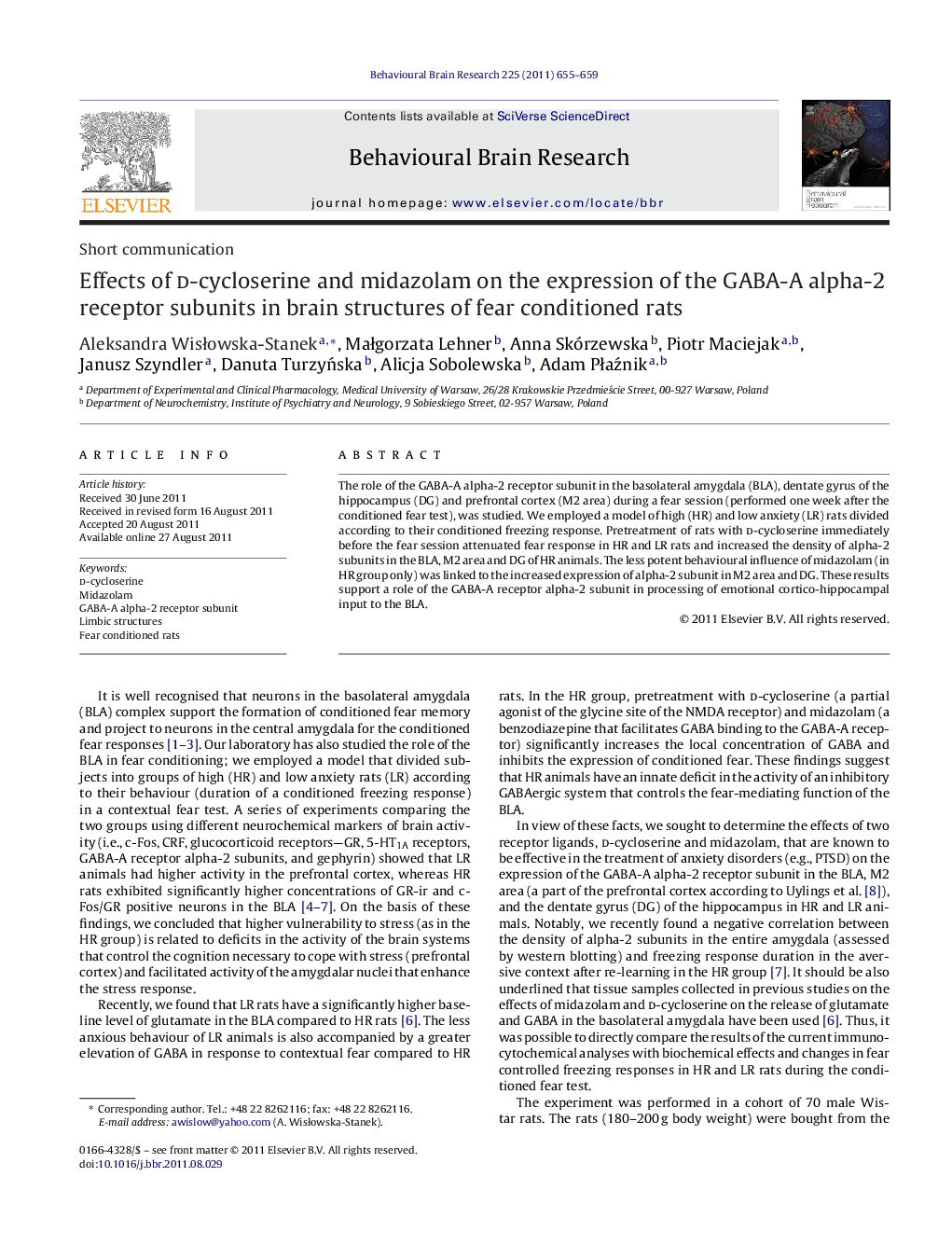 Effects of d-cycloserine and midazolam on the expression of the GABA-A alpha-2 receptor subunits in brain structures of fear conditioned rats