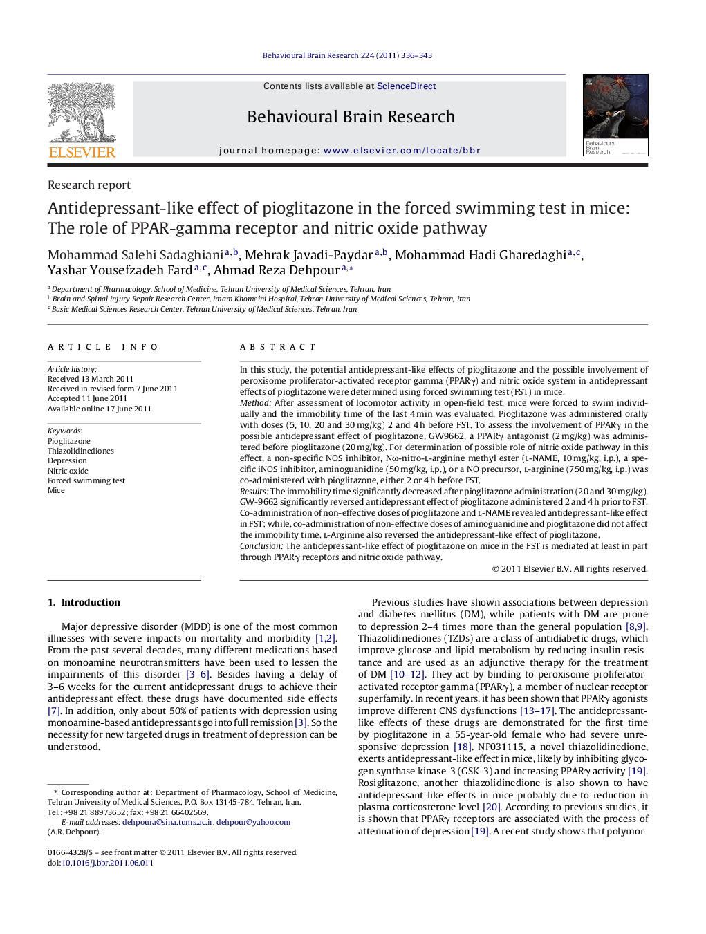 Antidepressant-like effect of pioglitazone in the forced swimming test in mice: The role of PPAR-gamma receptor and nitric oxide pathway