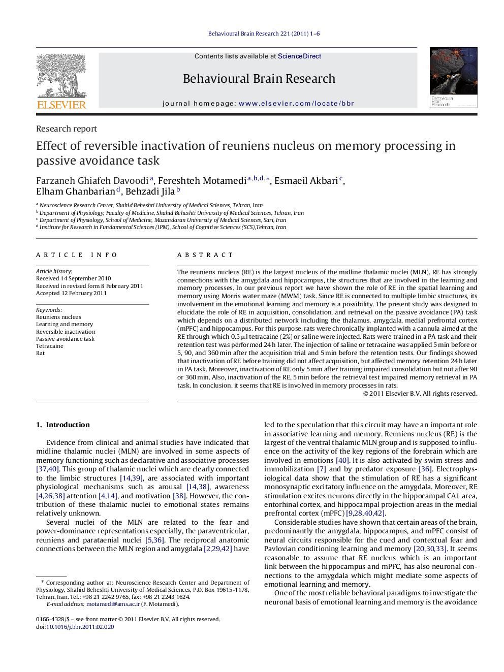 Effect of reversible inactivation of reuniens nucleus on memory processing in passive avoidance task