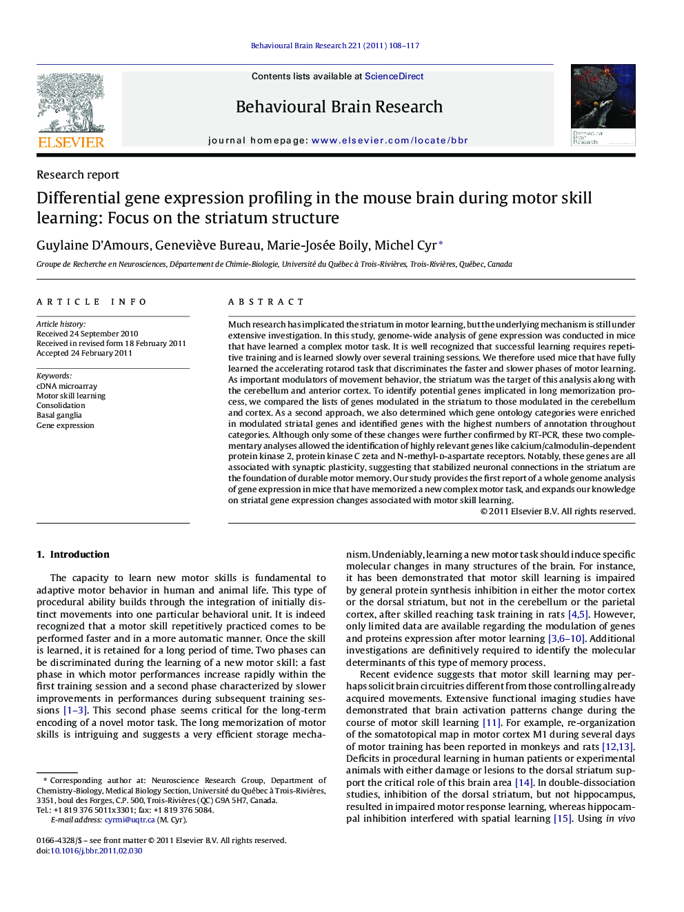 Differential gene expression profiling in the mouse brain during motor skill learning: Focus on the striatum structure