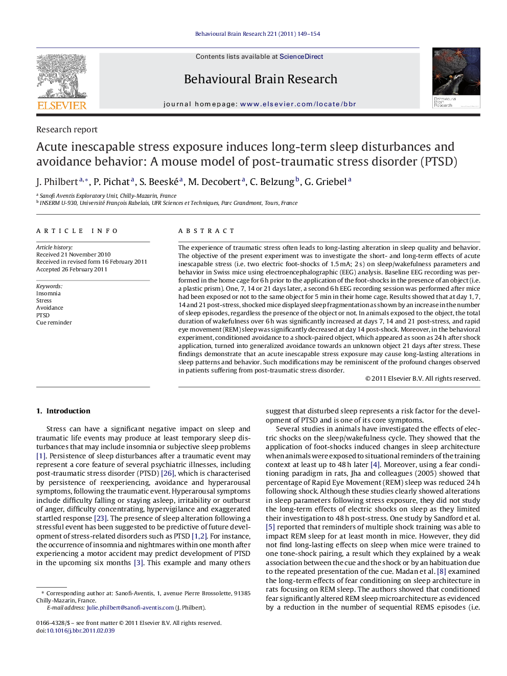 Acute inescapable stress exposure induces long-term sleep disturbances and avoidance behavior: A mouse model of post-traumatic stress disorder (PTSD)