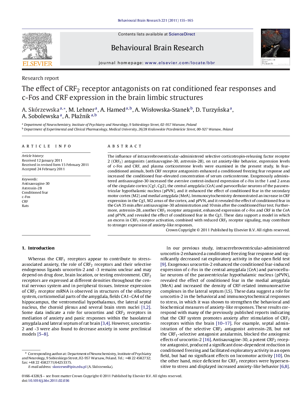 The effect of CRF2 receptor antagonists on rat conditioned fear responses and c-Fos and CRF expression in the brain limbic structures