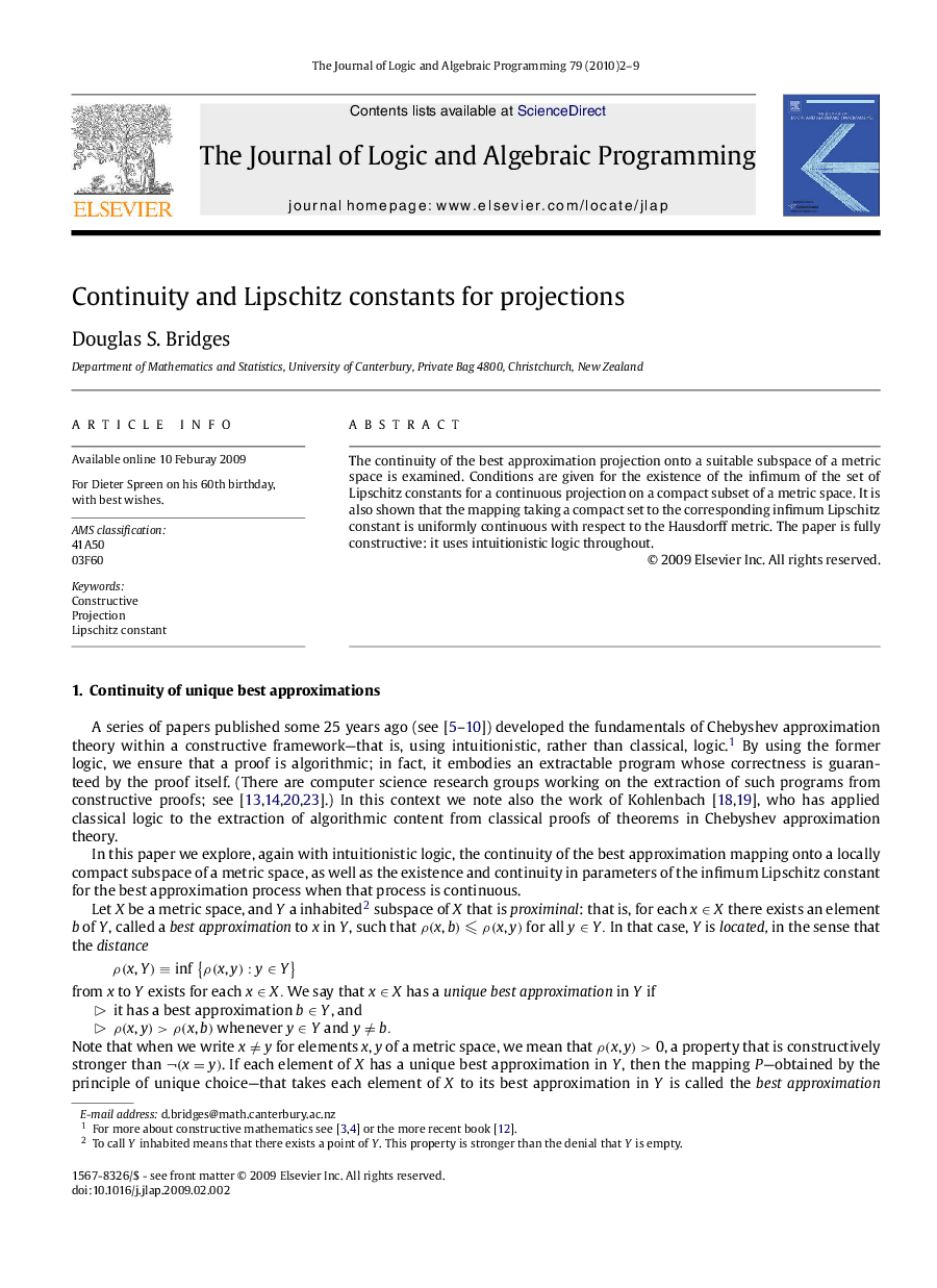 عکس صفحه اول مقاله: Continuity and Lipschitz constants for projections Continuity and Lipschitz constants for projections