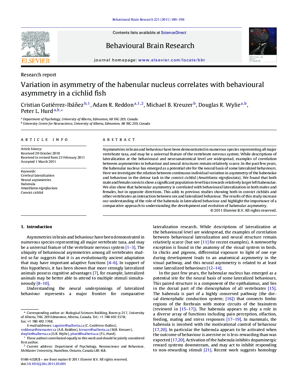 Variation in asymmetry of the habenular nucleus correlates with behavioural asymmetry in a cichlid fish