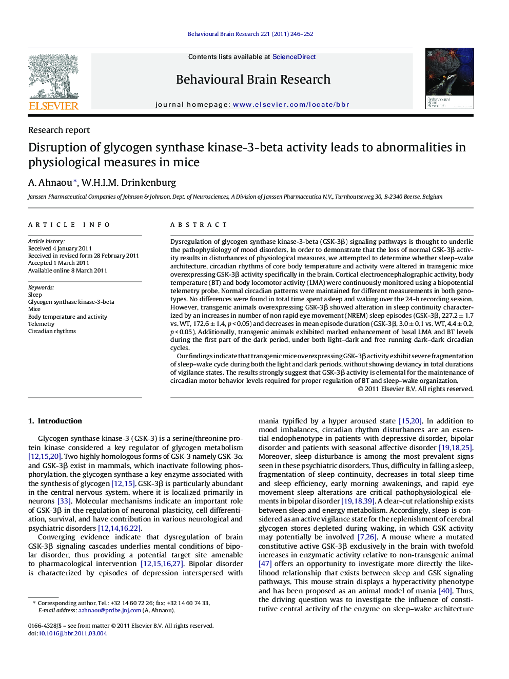 Disruption of glycogen synthase kinase-3-beta activity leads to abnormalities in physiological measures in mice