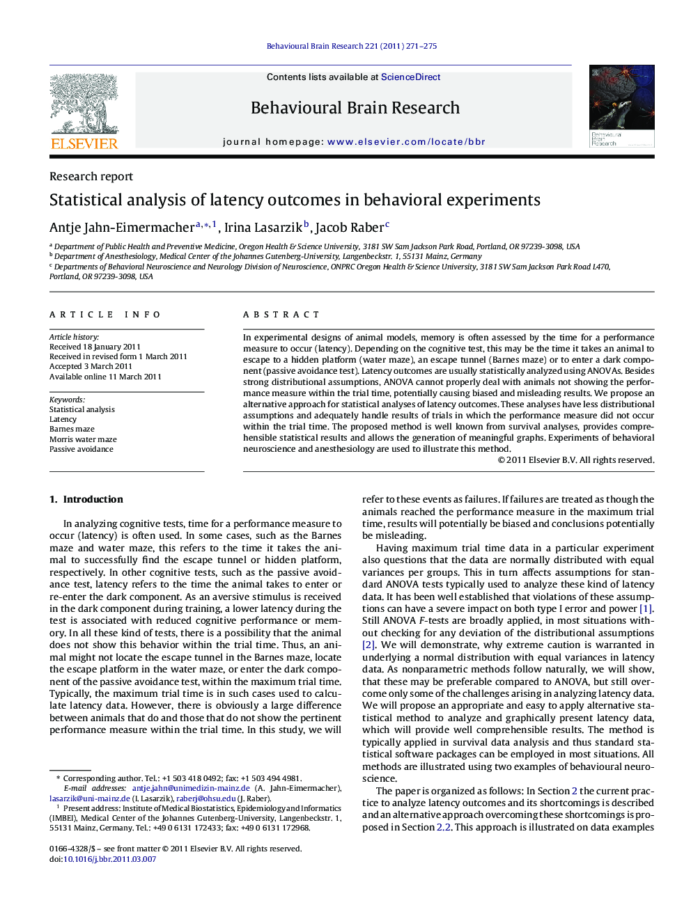 Statistical analysis of latency outcomes in behavioral experiments