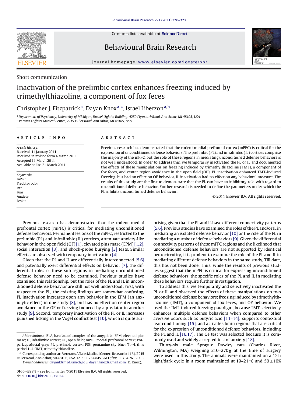 Inactivation of the prelimbic cortex enhances freezing induced by trimethylthiazoline, a component of fox feces