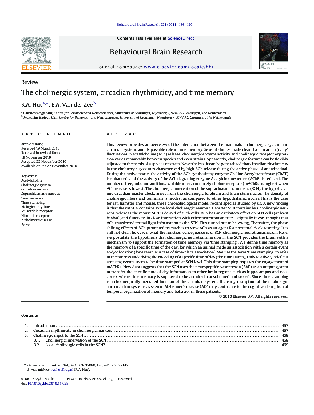 The cholinergic system, circadian rhythmicity, and time memory