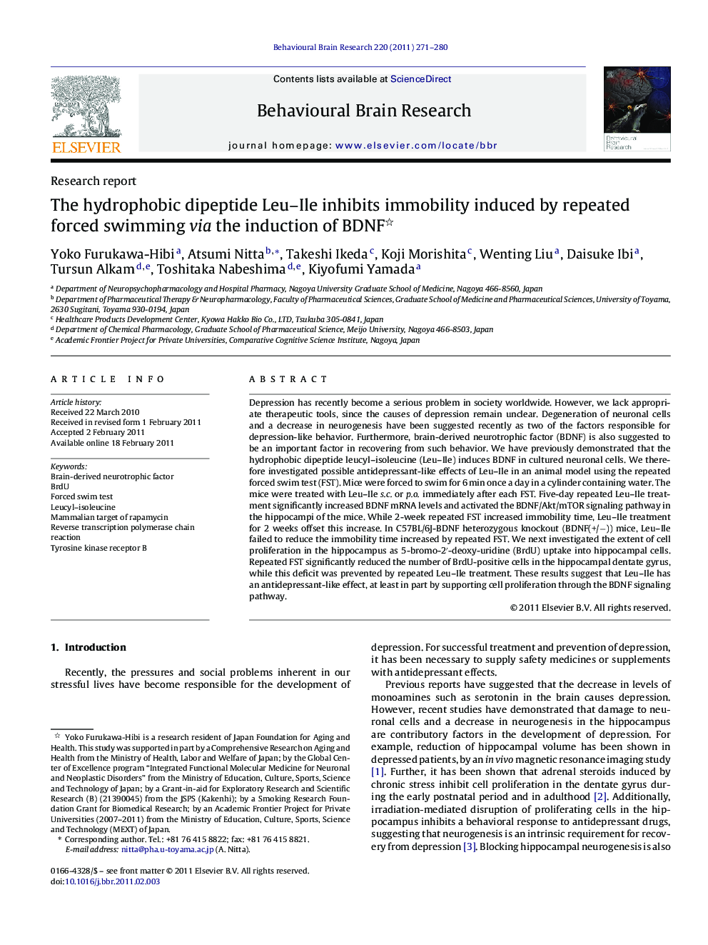 The hydrophobic dipeptide Leu–Ile inhibits immobility induced by repeated forced swimming via the induction of BDNF 