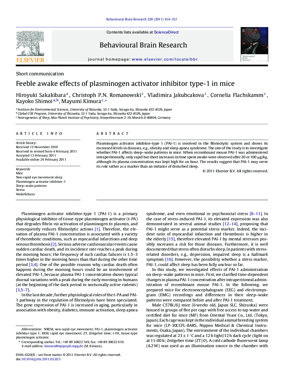 Feeble awake effects of plasminogen activator inhibitor type-1 in mice