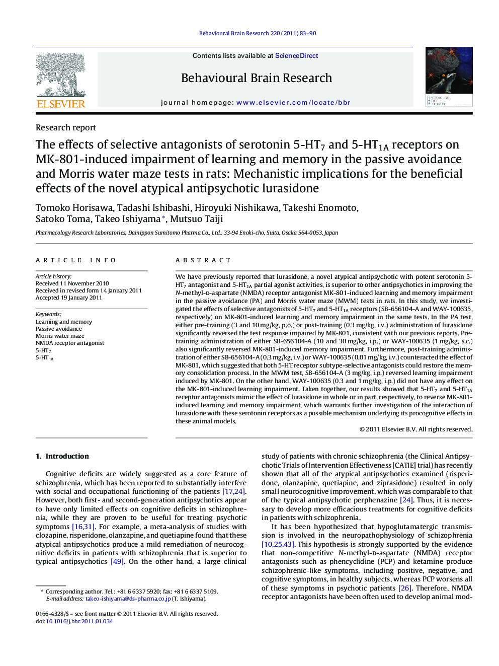 The effects of selective antagonists of serotonin 5-HT7 and 5-HT1A receptors on MK-801-induced impairment of learning and memory in the passive avoidance and Morris water maze tests in rats: Mechanistic implications for the beneficial effects of the novel