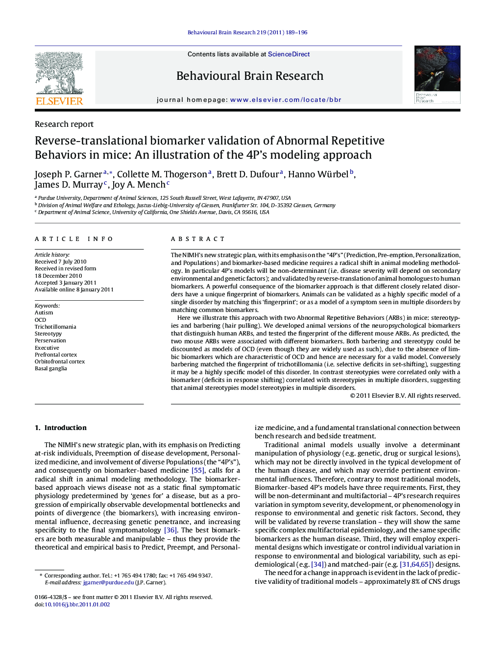 Reverse-translational biomarker validation of Abnormal Repetitive Behaviors in mice: An illustration of the 4P's modeling approach