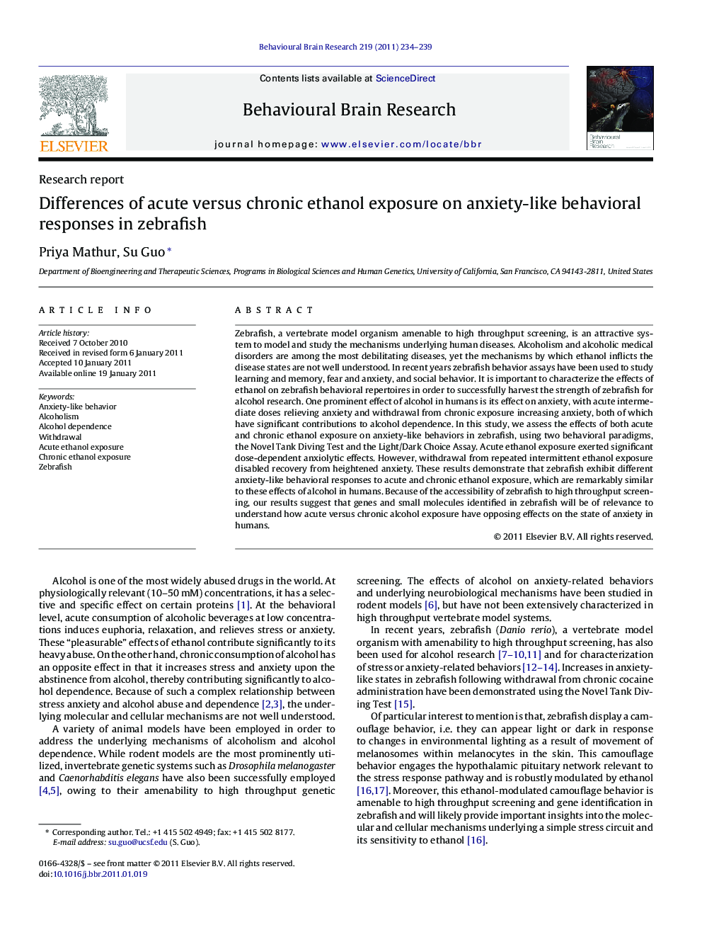 Differences of acute versus chronic ethanol exposure on anxiety-like behavioral responses in zebrafish