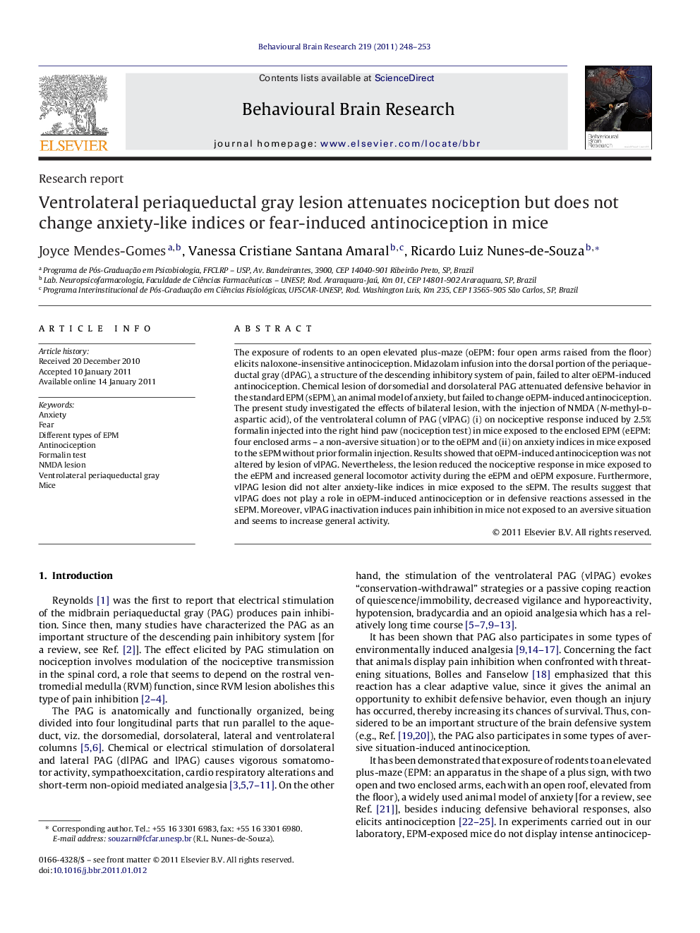 Ventrolateral periaqueductal gray lesion attenuates nociception but does not change anxiety-like indices or fear-induced antinociception in mice