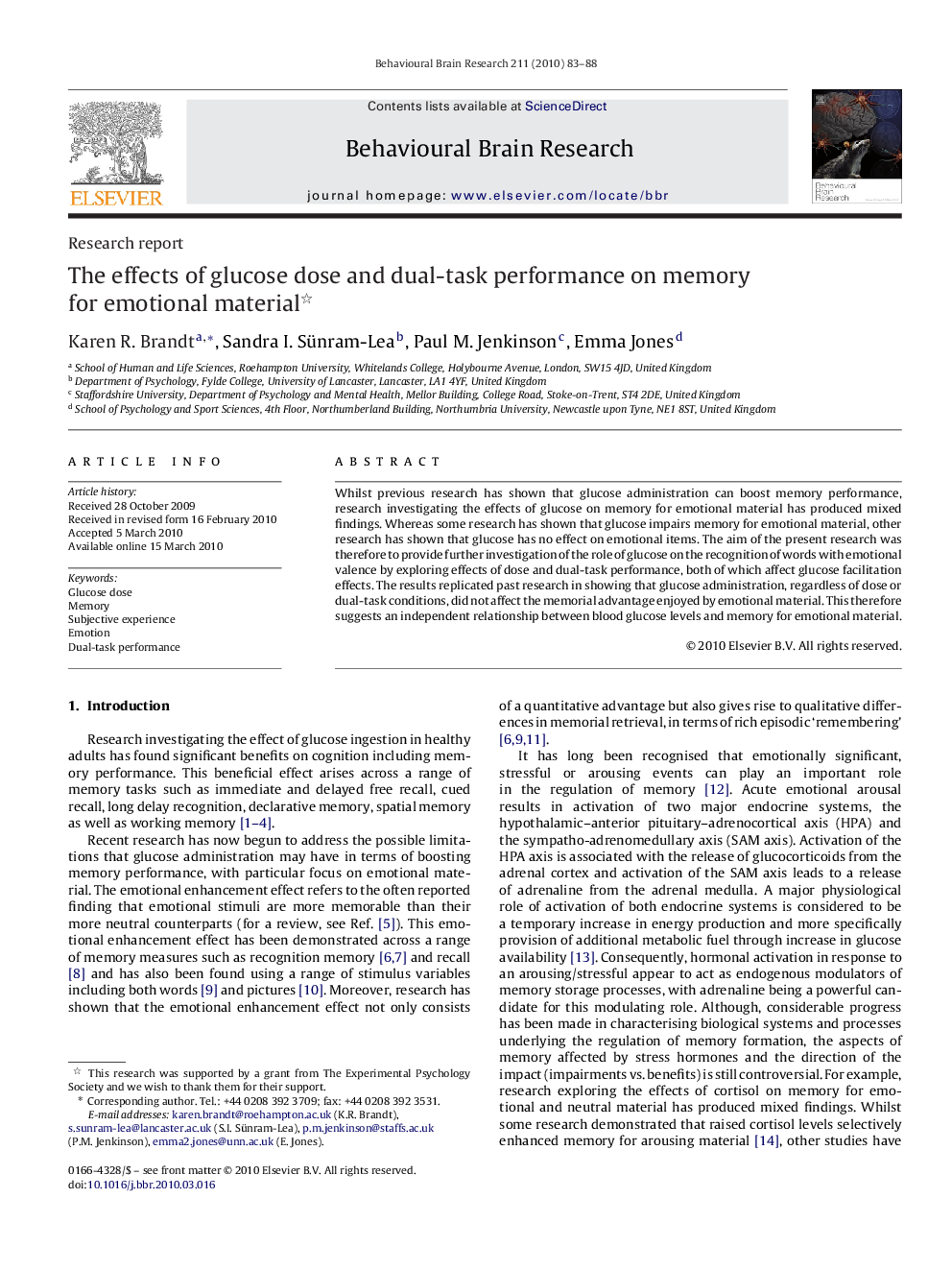 The effects of glucose dose and dual-task performance on memory for emotional material 