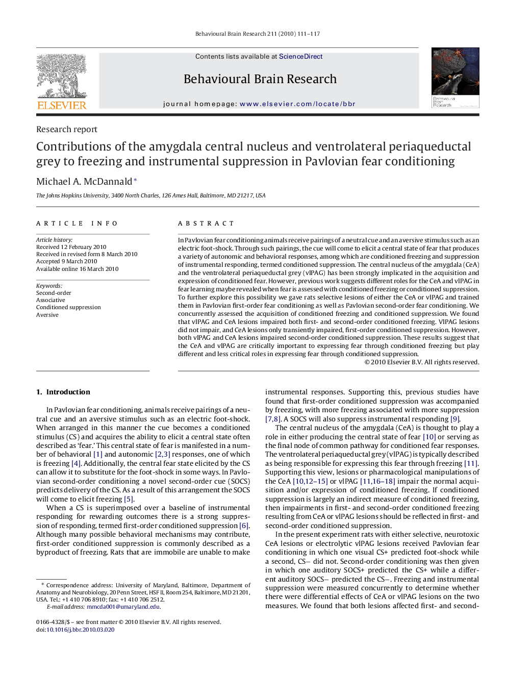 Contributions of the amygdala central nucleus and ventrolateral periaqueductal grey to freezing and instrumental suppression in Pavlovian fear conditioning