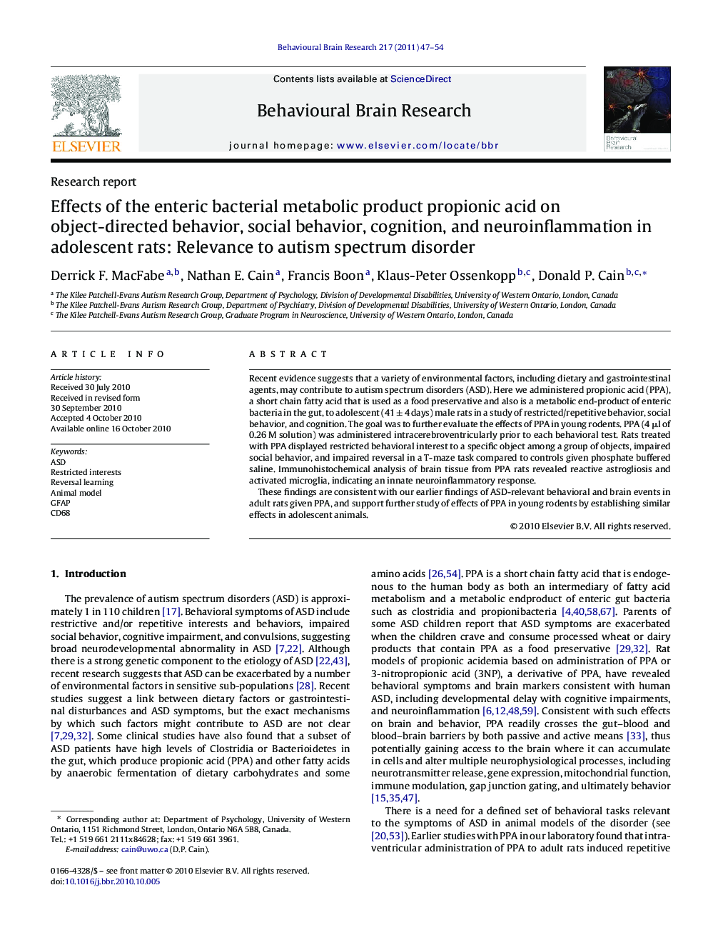 Effects of the enteric bacterial metabolic product propionic acid on object-directed behavior, social behavior, cognition, and neuroinflammation in adolescent rats: Relevance to autism spectrum disorder