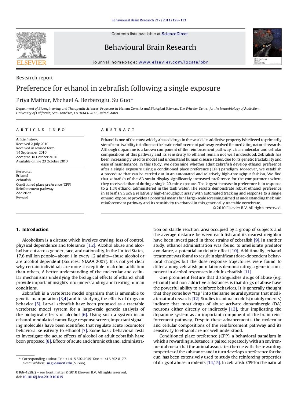 Preference for ethanol in zebrafish following a single exposure