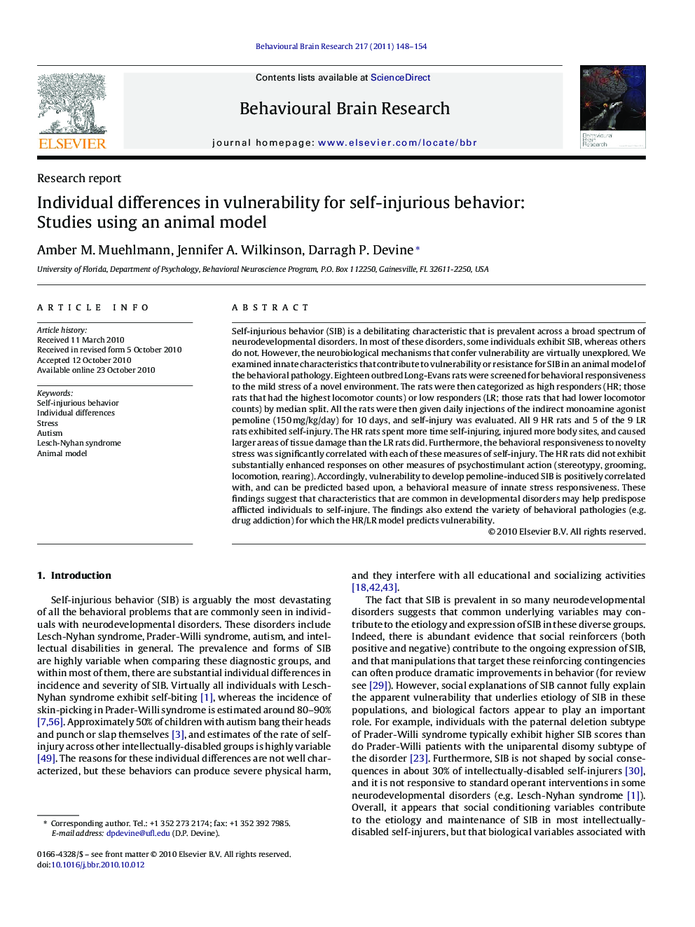 Individual differences in vulnerability for self-injurious behavior: Studies using an animal model