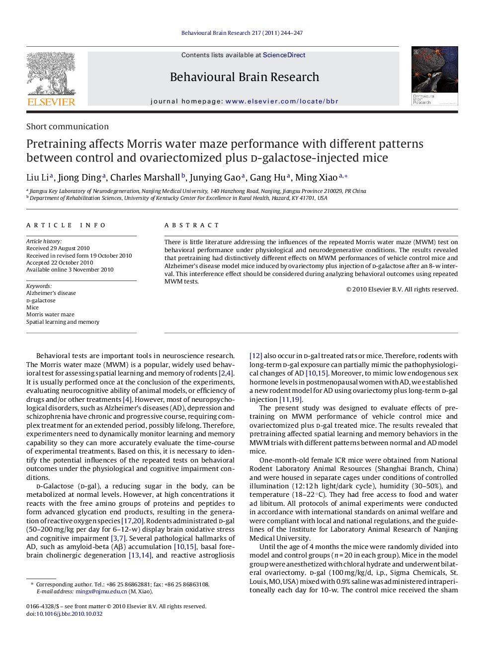 Pretraining affects Morris water maze performance with different patterns between control and ovariectomized plus d-galactose-injected mice