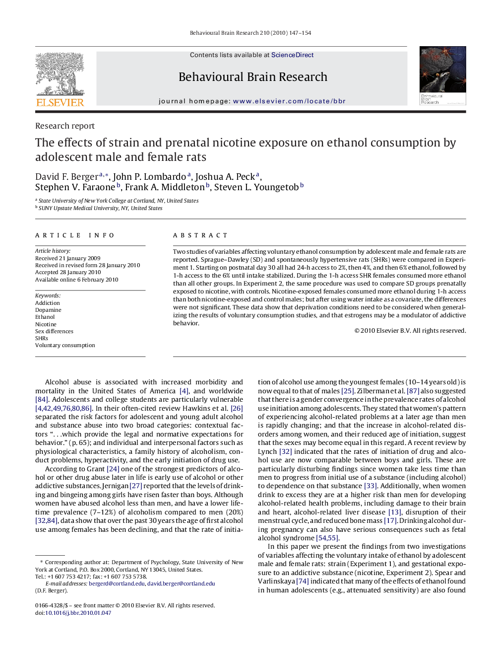 The effects of strain and prenatal nicotine exposure on ethanol consumption by adolescent male and female rats