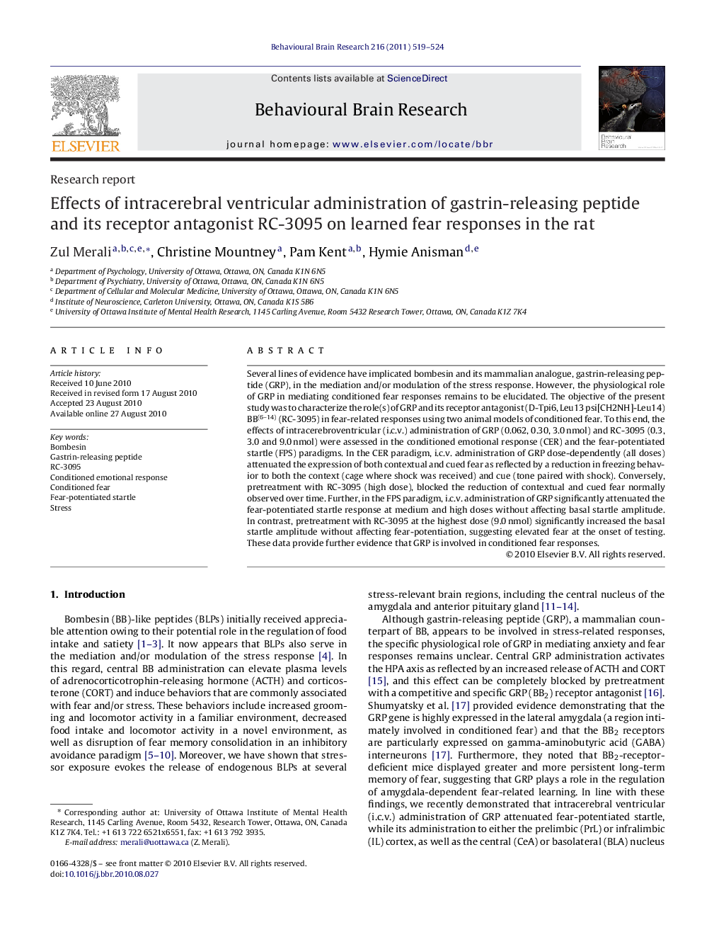 Effects of intracerebral ventricular administration of gastrin-releasing peptide and its receptor antagonist RC-3095 on learned fear responses in the rat