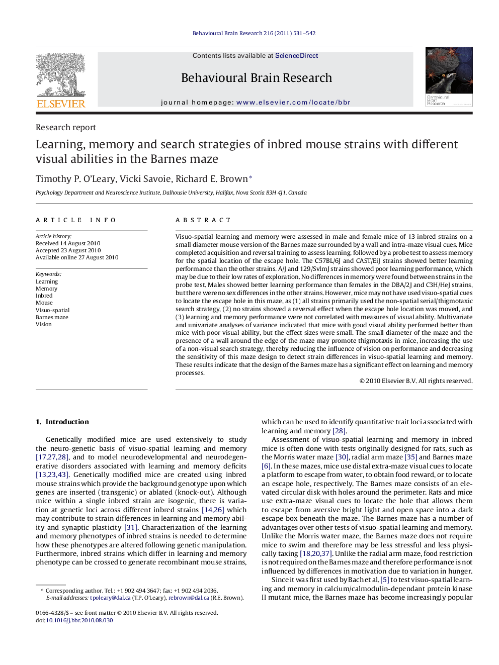 Learning, memory and search strategies of inbred mouse strains with different visual abilities in the Barnes maze