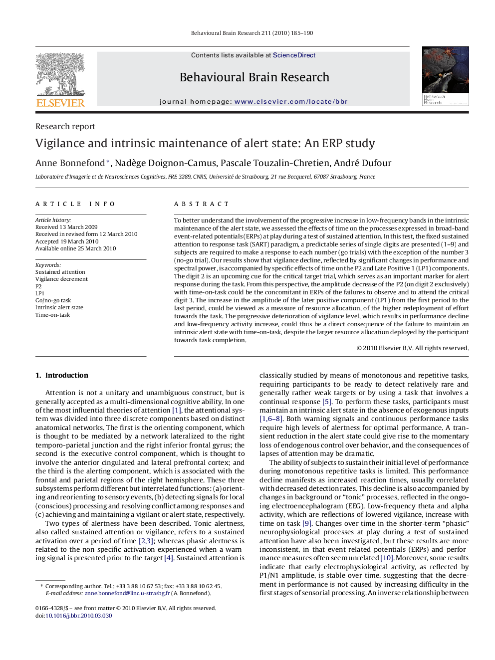 Vigilance and intrinsic maintenance of alert state: An ERP study