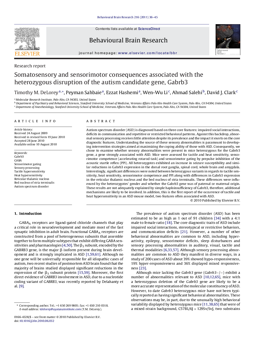 Somatosensory and sensorimotor consequences associated with the heterozygous disruption of the autism candidate gene, Gabrb3