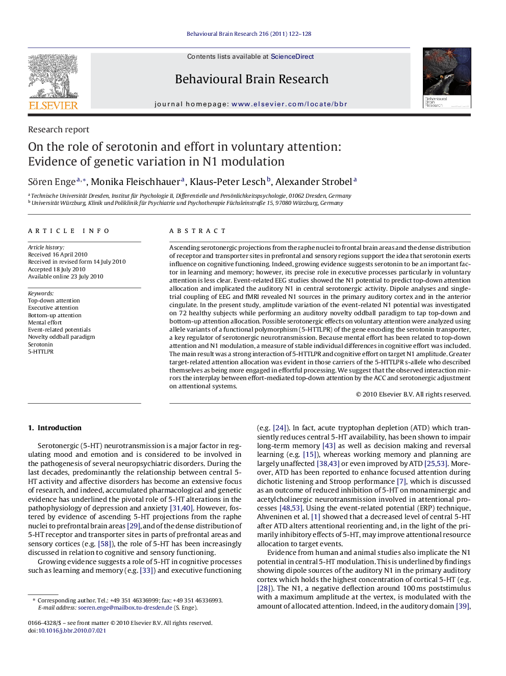 On the role of serotonin and effort in voluntary attention: Evidence of genetic variation in N1 modulation