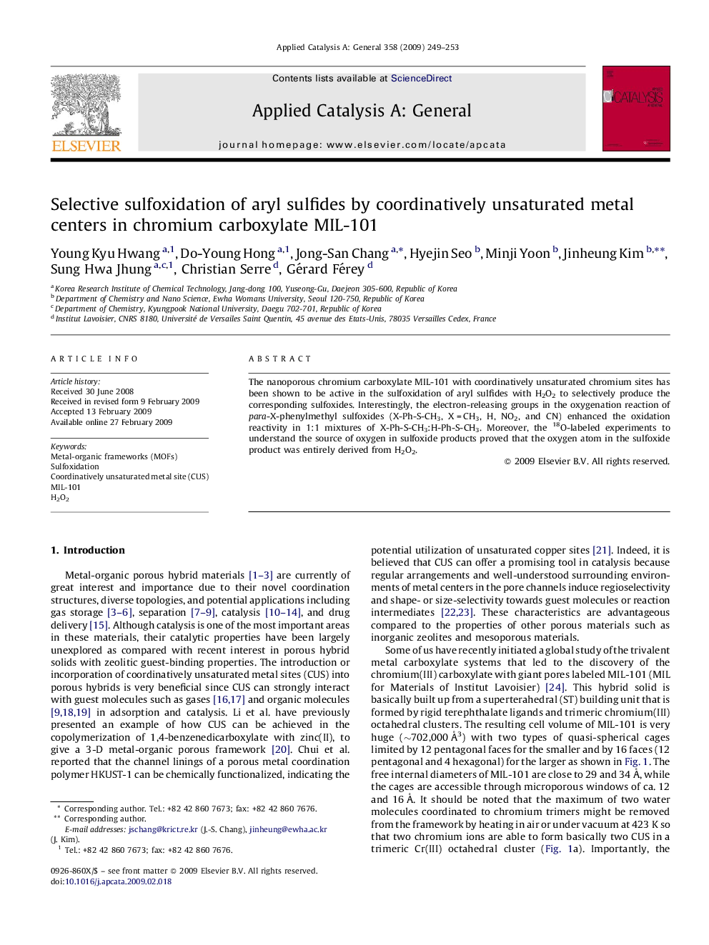 Selective sulfoxidation of aryl sulfides by coordinatively unsaturated metal centers in chromium carboxylate MIL-101