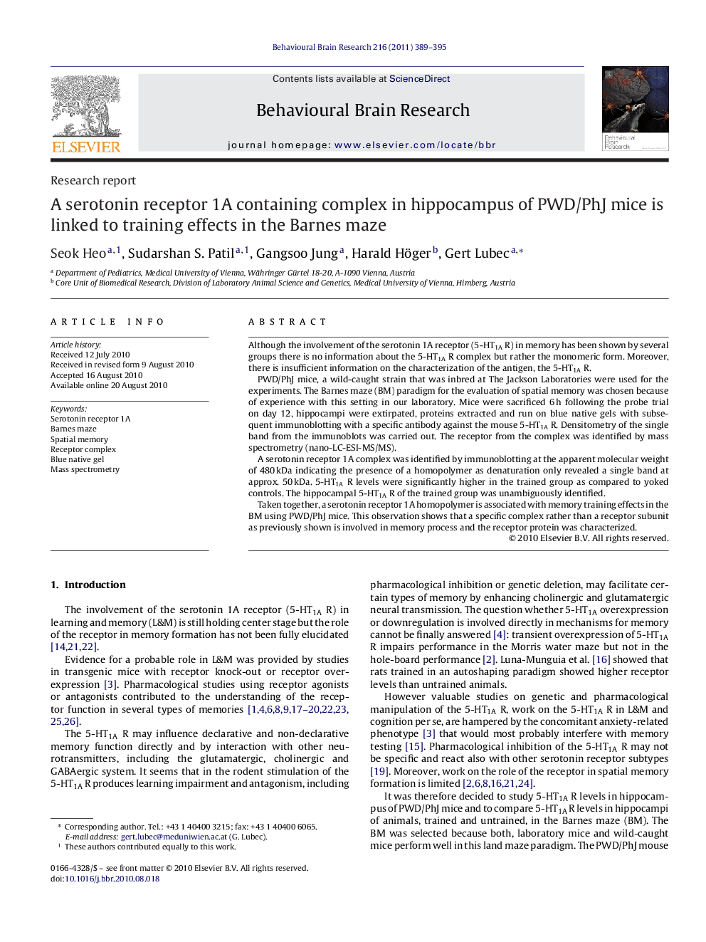 A serotonin receptor 1A containing complex in hippocampus of PWD/PhJ mice is linked to training effects in the Barnes maze