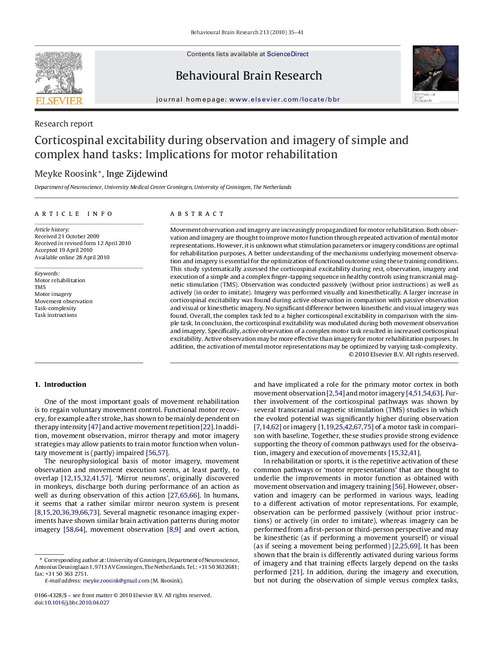 Corticospinal excitability during observation and imagery of simple and complex hand tasks: Implications for motor rehabilitation