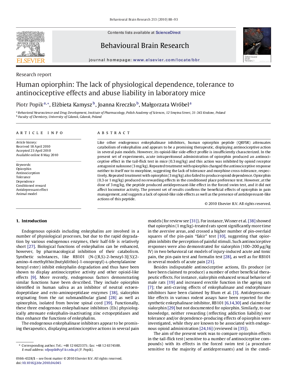 Human opiorphin: The lack of physiological dependence, tolerance to antinociceptive effects and abuse liability in laboratory mice