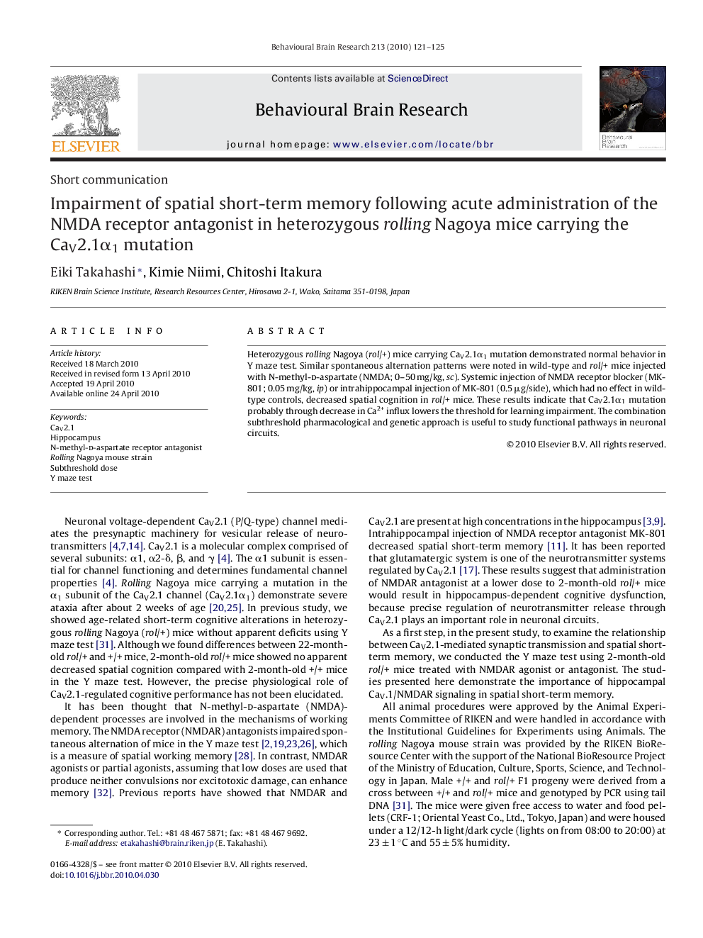 Impairment of spatial short-term memory following acute administration of the NMDA receptor antagonist in heterozygous rolling Nagoya mice carrying the CaV2.1α1 mutation