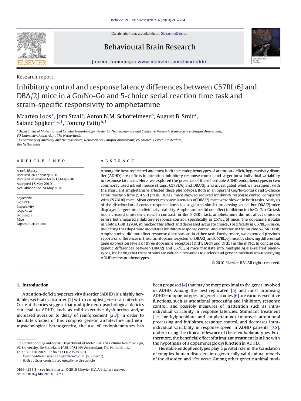 Inhibitory control and response latency differences between C57BL/6J and DBA/2J mice in a Go/No-Go and 5-choice serial reaction time task and strain-specific responsivity to amphetamine