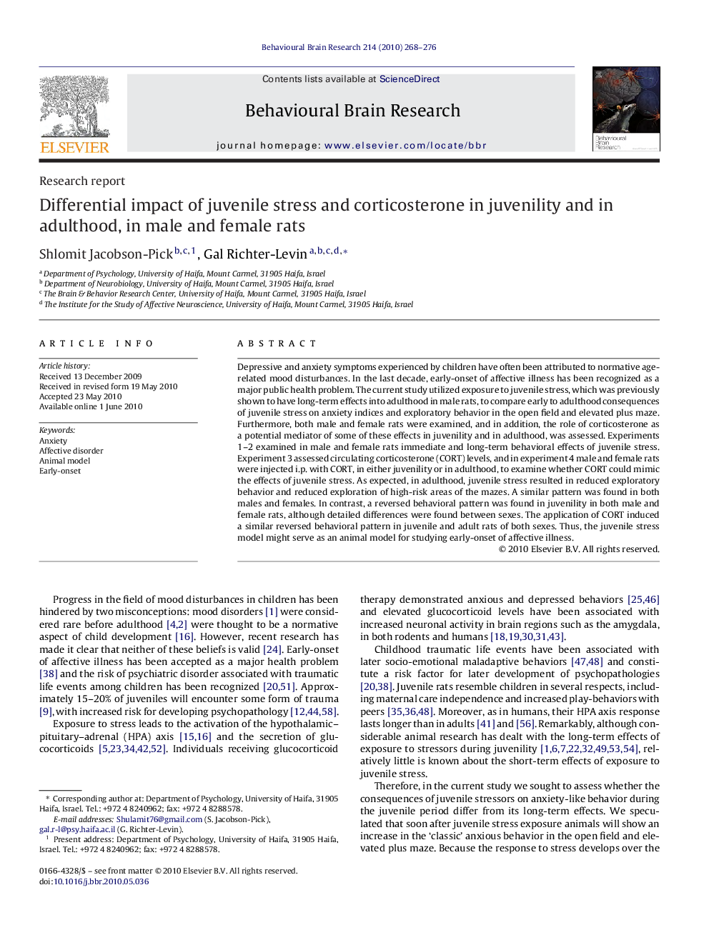 Differential impact of juvenile stress and corticosterone in juvenility and in adulthood, in male and female rats