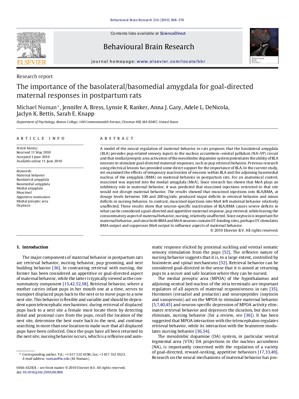 The importance of the basolateral/basomedial amygdala for goal-directed maternal responses in postpartum rats