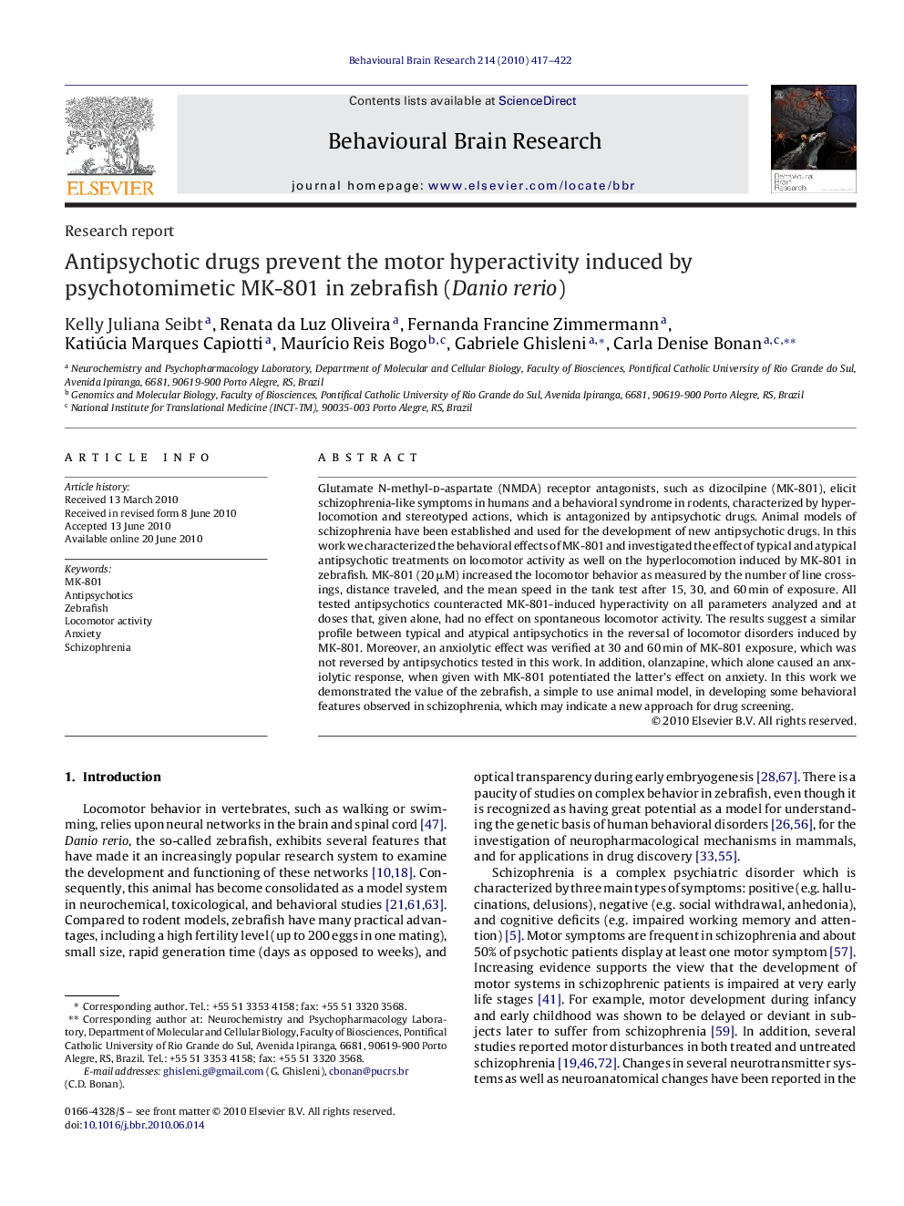 Antipsychotic drugs prevent the motor hyperactivity induced by psychotomimetic MK-801 in zebrafish (Danio rerio)