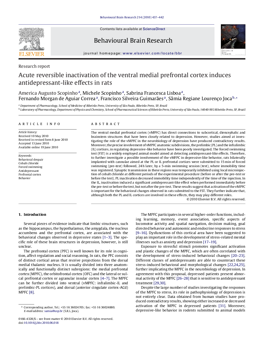 Acute reversible inactivation of the ventral medial prefrontal cortex induces antidepressant-like effects in rats