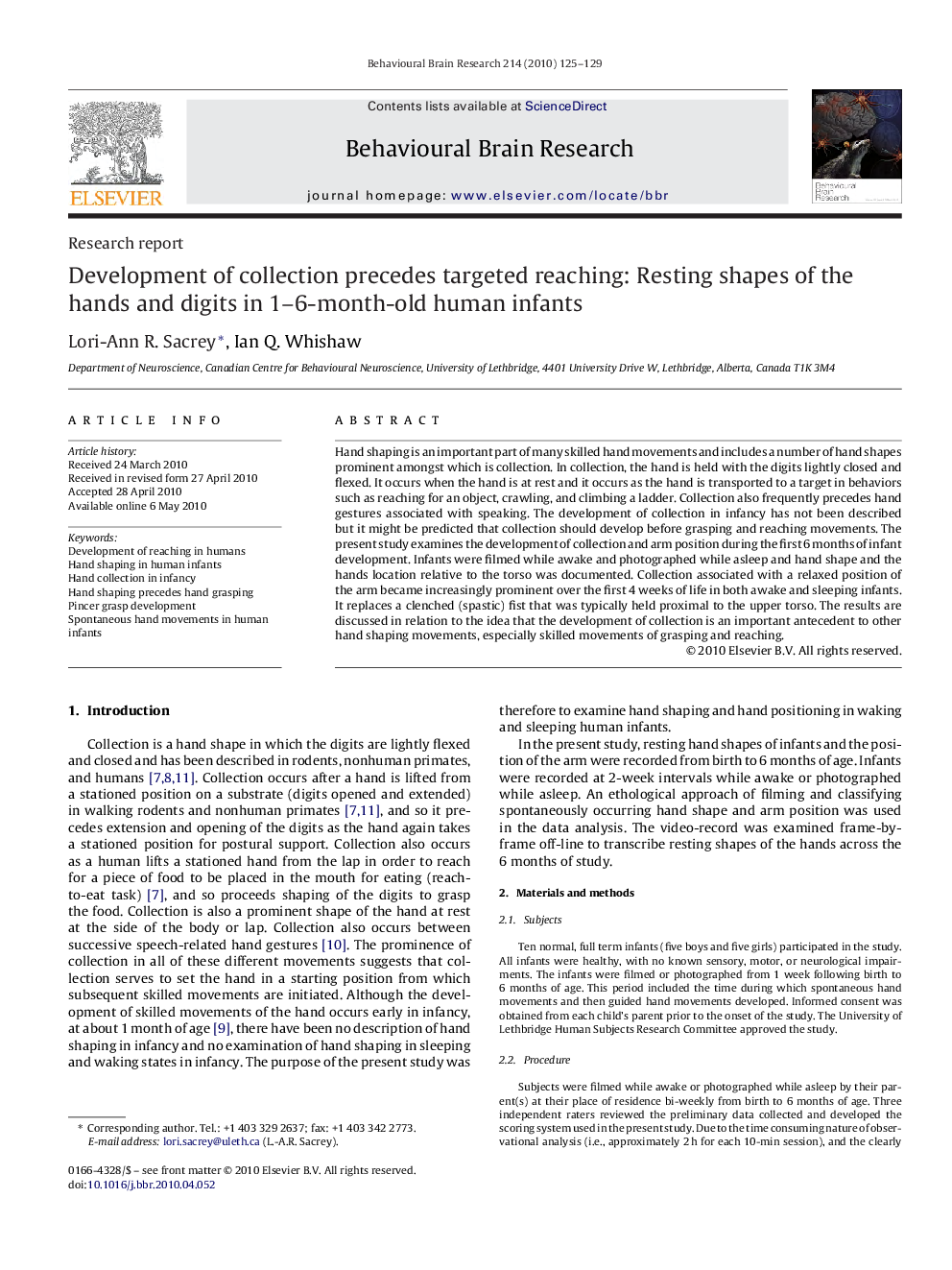 Development of collection precedes targeted reaching: Resting shapes of the hands and digits in 1–6-month-old human infants