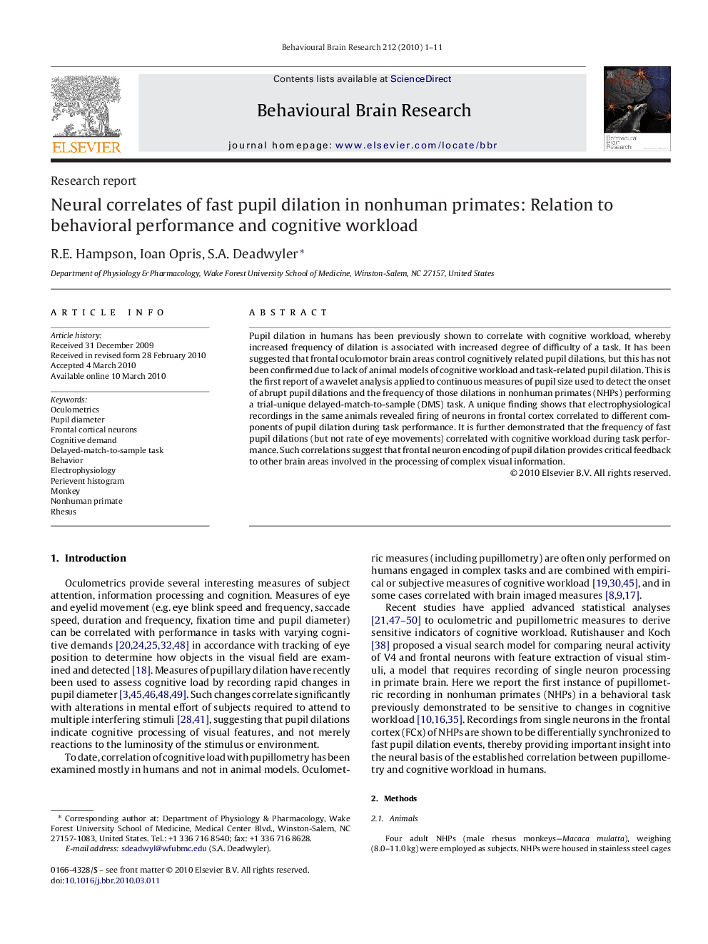 Neural correlates of fast pupil dilation in nonhuman primates: Relation to behavioral performance and cognitive workload